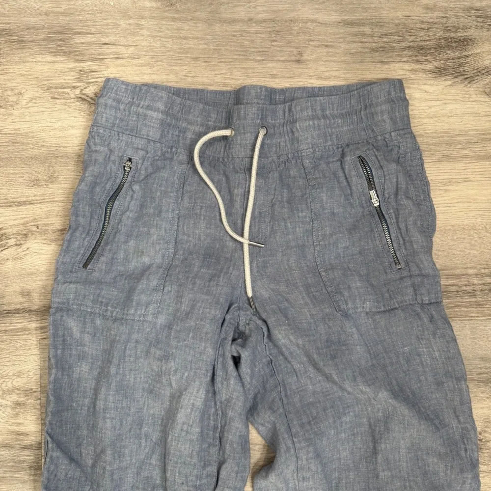 Athleta Caro Linen Blend Pants‎ Womens Size 8 Blue Drawstring Zipper Pockets - Picture 3 of 10